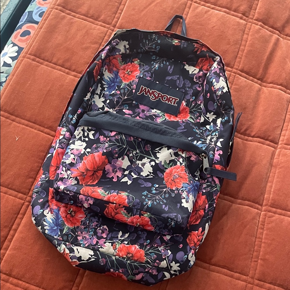 Jansport Superbreak Floral Backpack Morning Bloom with Red and Purple Colors